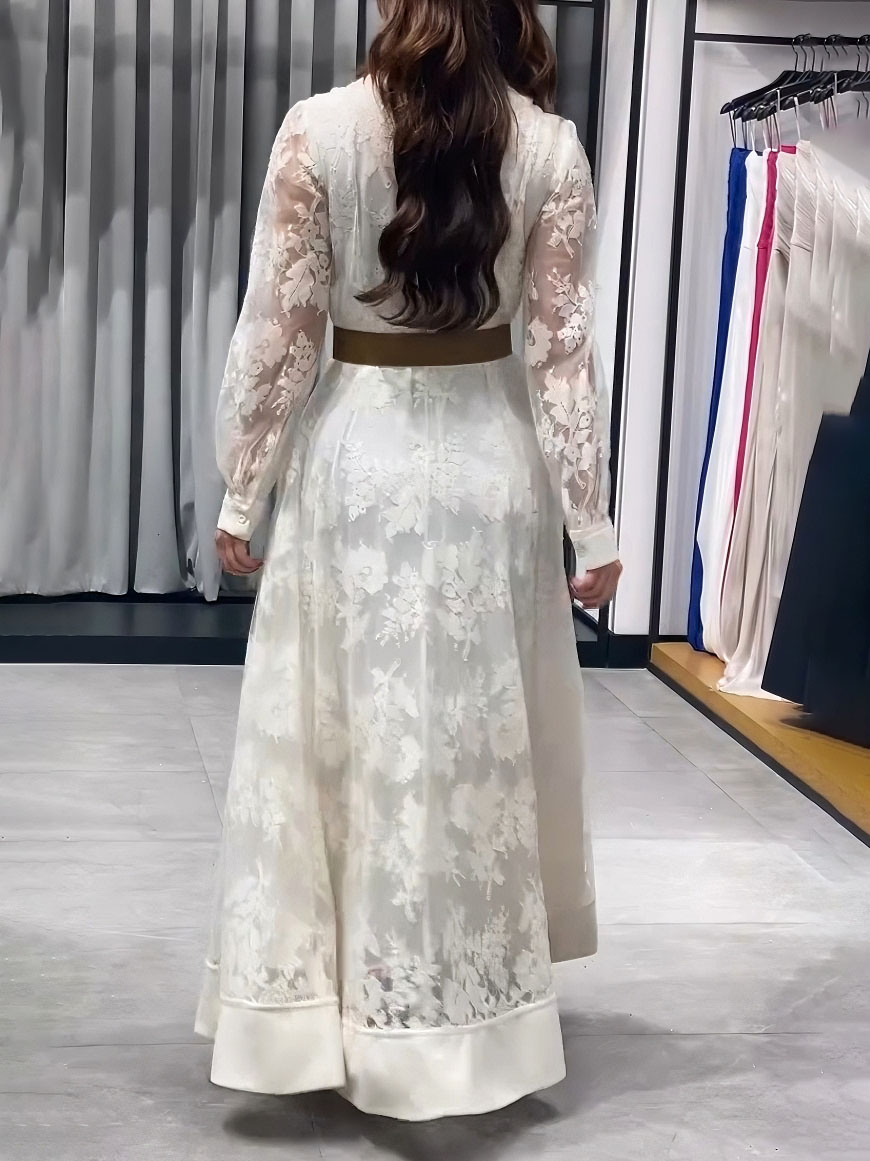 Elegant Floral Lace Long-Sleeved Shirt Maxi Dress