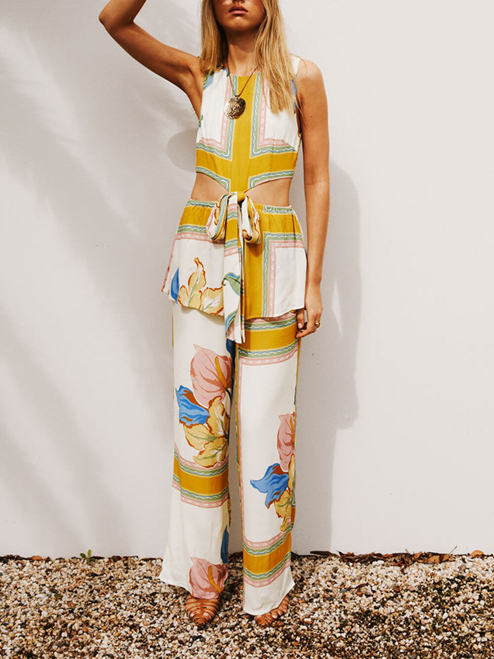 Fashionable Printed Patchwork Lace-Up Jumpsuit