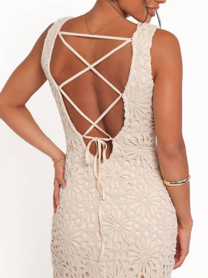 Fashion Crochet Lace Floral Pattern Backless Lace-up Vacation Maxi Dress