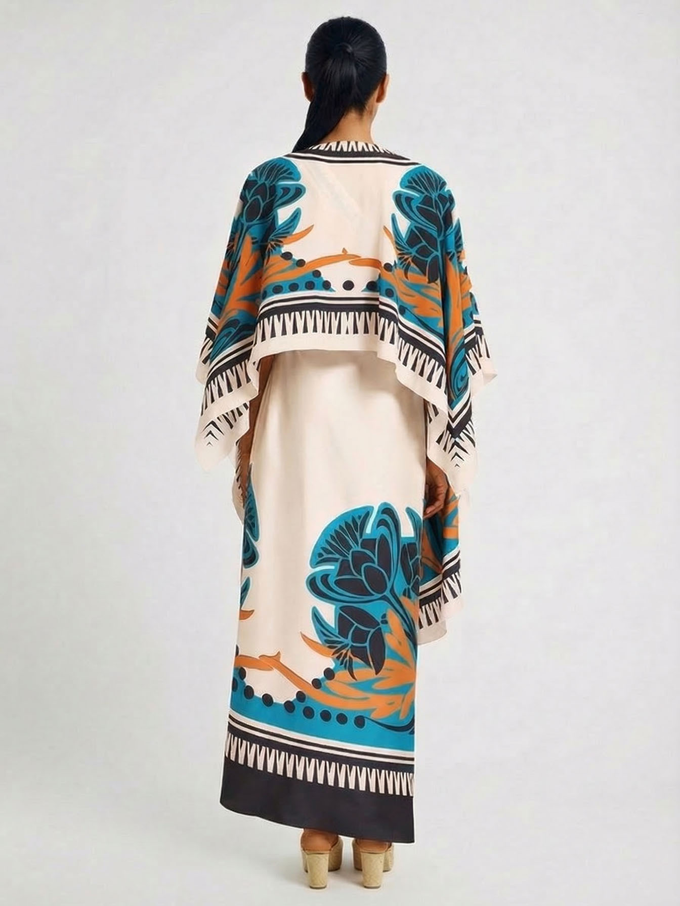 Exquisite Printed One-Shoulder Dress With Detachable Shawl Two-Piece Set
