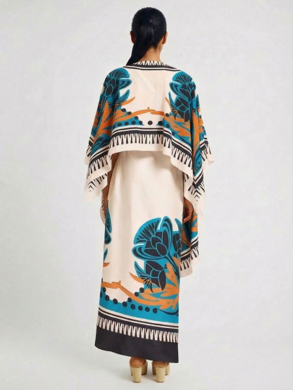 Exquisite Printed One-Shoulder Dress With Detachable Shawl Two-Piece Set