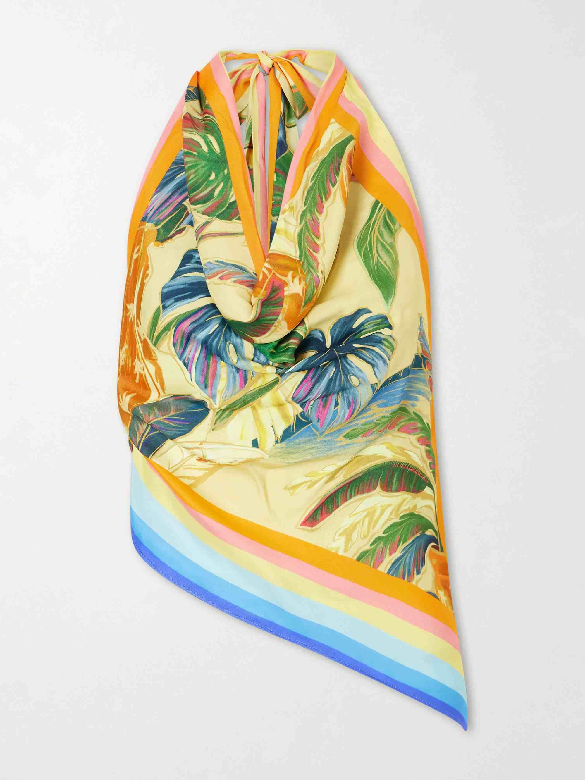 Tropical Print Halter Top & Draped Midi Skirt Two-Piece Set