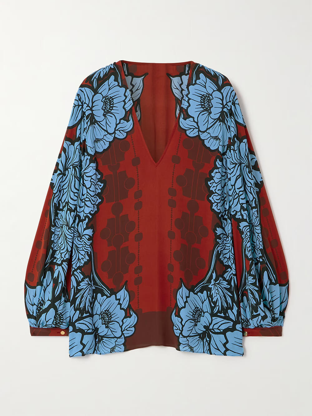 Unique Color-Block Print V-Neck Satin Loose Shirt