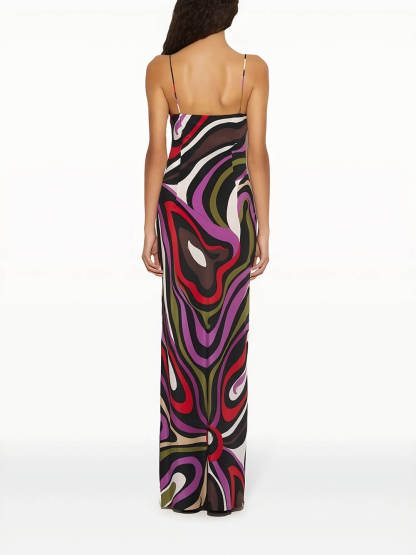 Retro Printed Satin Backless Maxi Dress