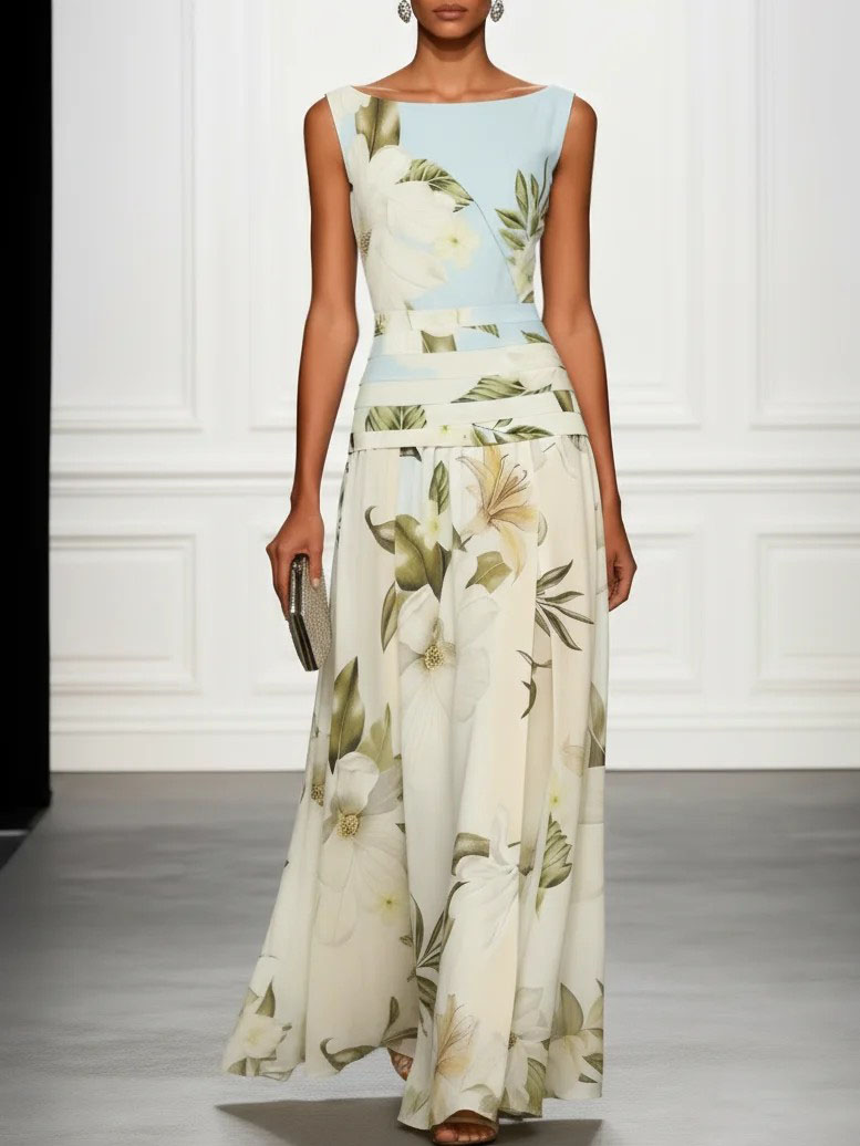 Fresh Sleeveless Boat Neck Printed Party Maxi Dress