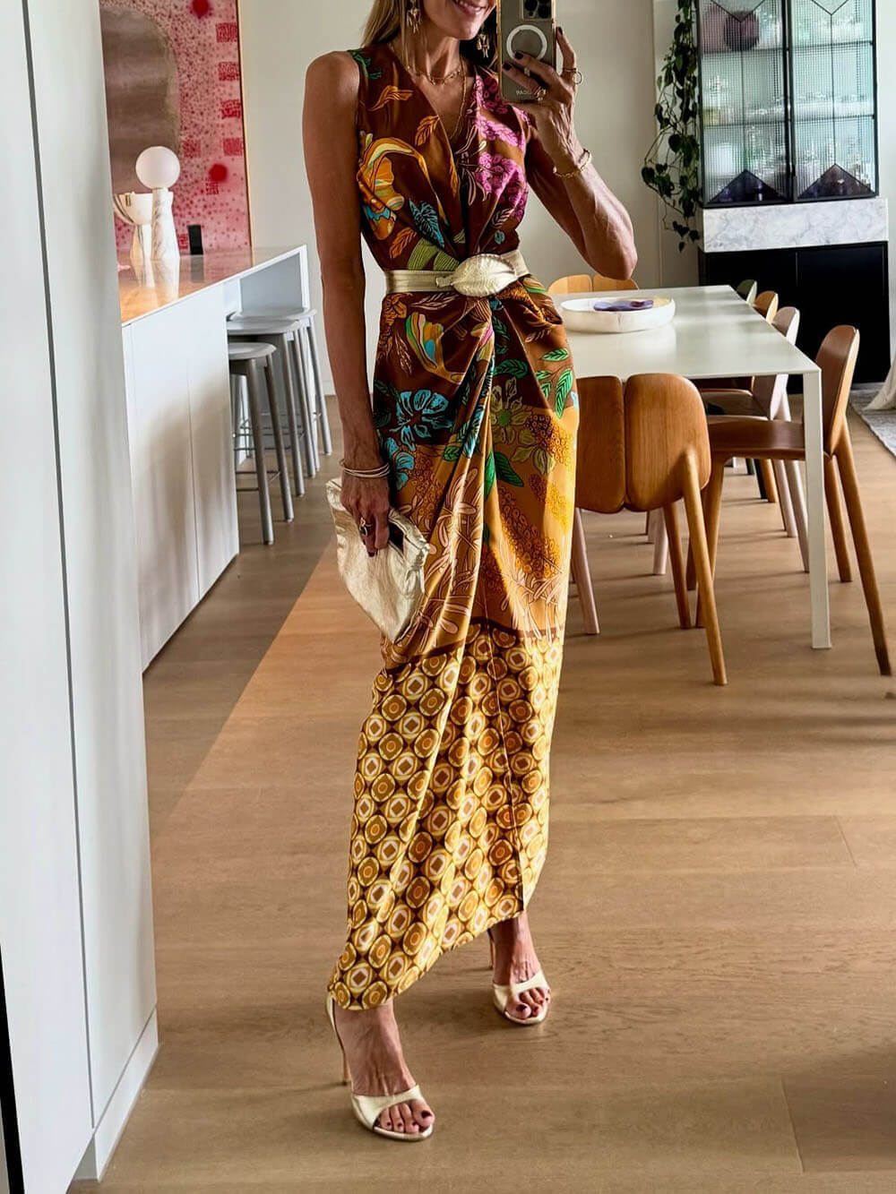 Delicate Floral Print V-Neck Twisted Draped Satin Maxi Dress