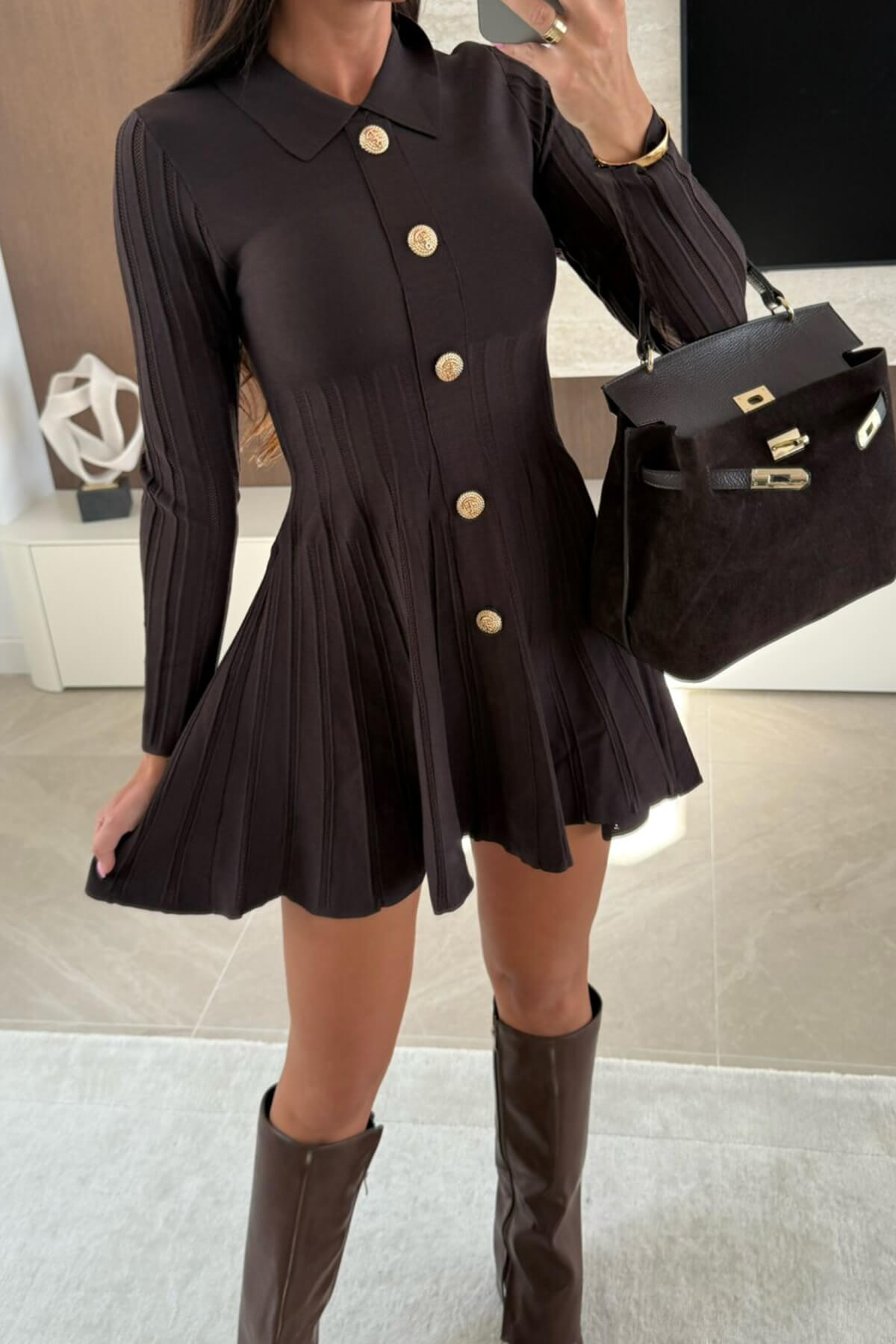 Elegant A-Line Ribbed Pleated Mini Dress