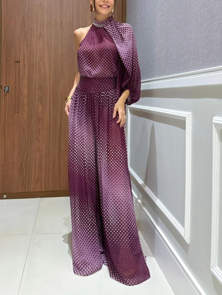 Elegant Gradient Polka Dot One-Shoulder Chiffon Two-Piece Set