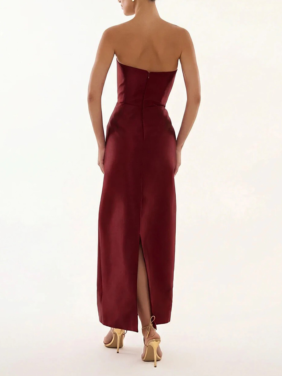 Elegant Strapless Feather Trim Evening Gown Maxi Dress