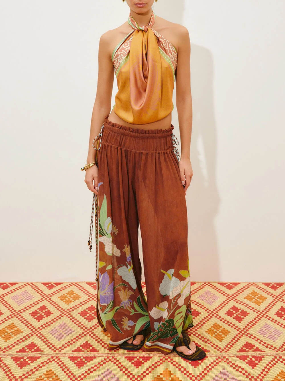 Exquisite Ruffled Adjustable Strap Camisole with Drawstring Slit Wide-Leg Pants Set