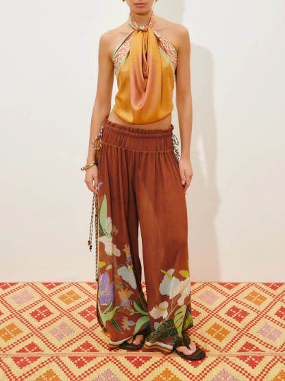 Exquisite Ruffled Adjustable Strap Camisole with Drawstring Slit Wide-Leg Pants Set