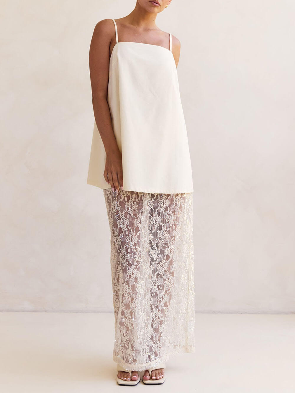 Elegant Sheer Sequin Lace High-Waist Maxi Skirt