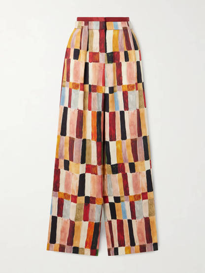 Retro Floral Print Loose Linen Elastic Waist Wide-Leg Pants