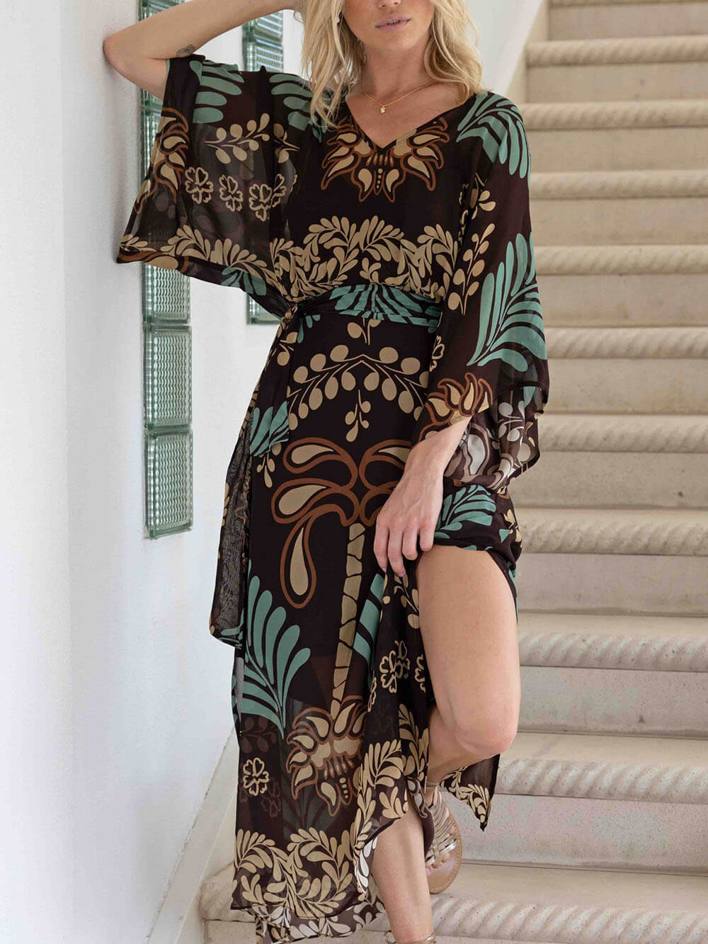 Bohemian Print Loose-fitting Slit Maxi Dress