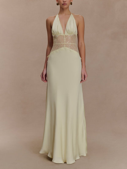 Elegant Lace-Panel V-Neck Lace-Up Satin Maxi Dress