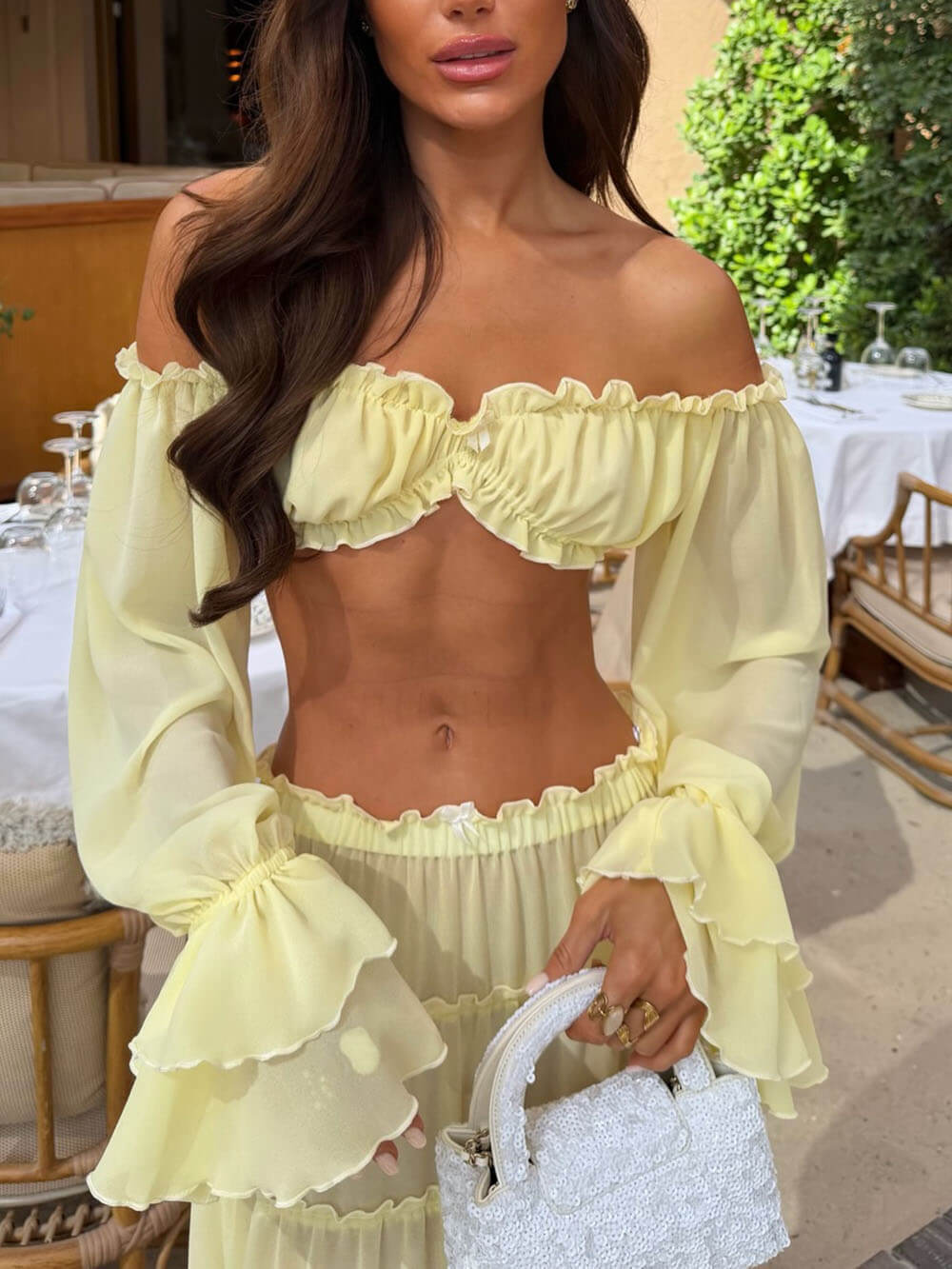 Fashion Off Shoulder Long Bell Sleeve Crop Top and Elastic Waist Layered Cover-up Maxi Skirt Set