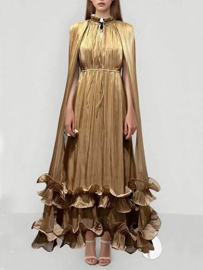 Exquisite Fashionable V-neck Lace-up Ruffled Double-layer Hem Maxi Dress