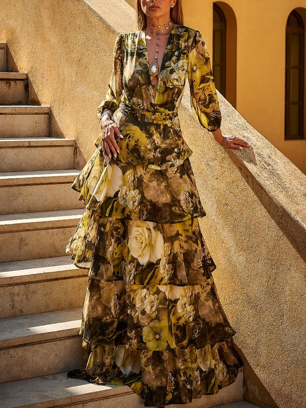 Elegant Floral Print Tiered Waist-Cinched Maxi Dress