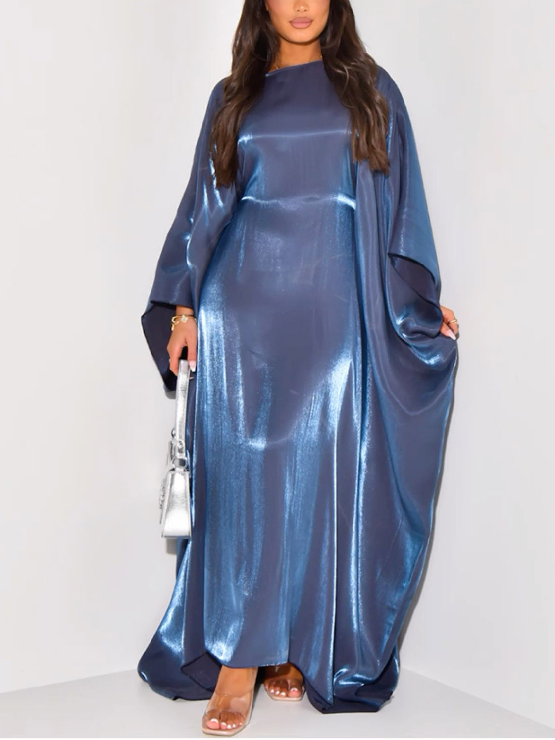 Elegant Shimmering Satin Kaftan Maxi Dress