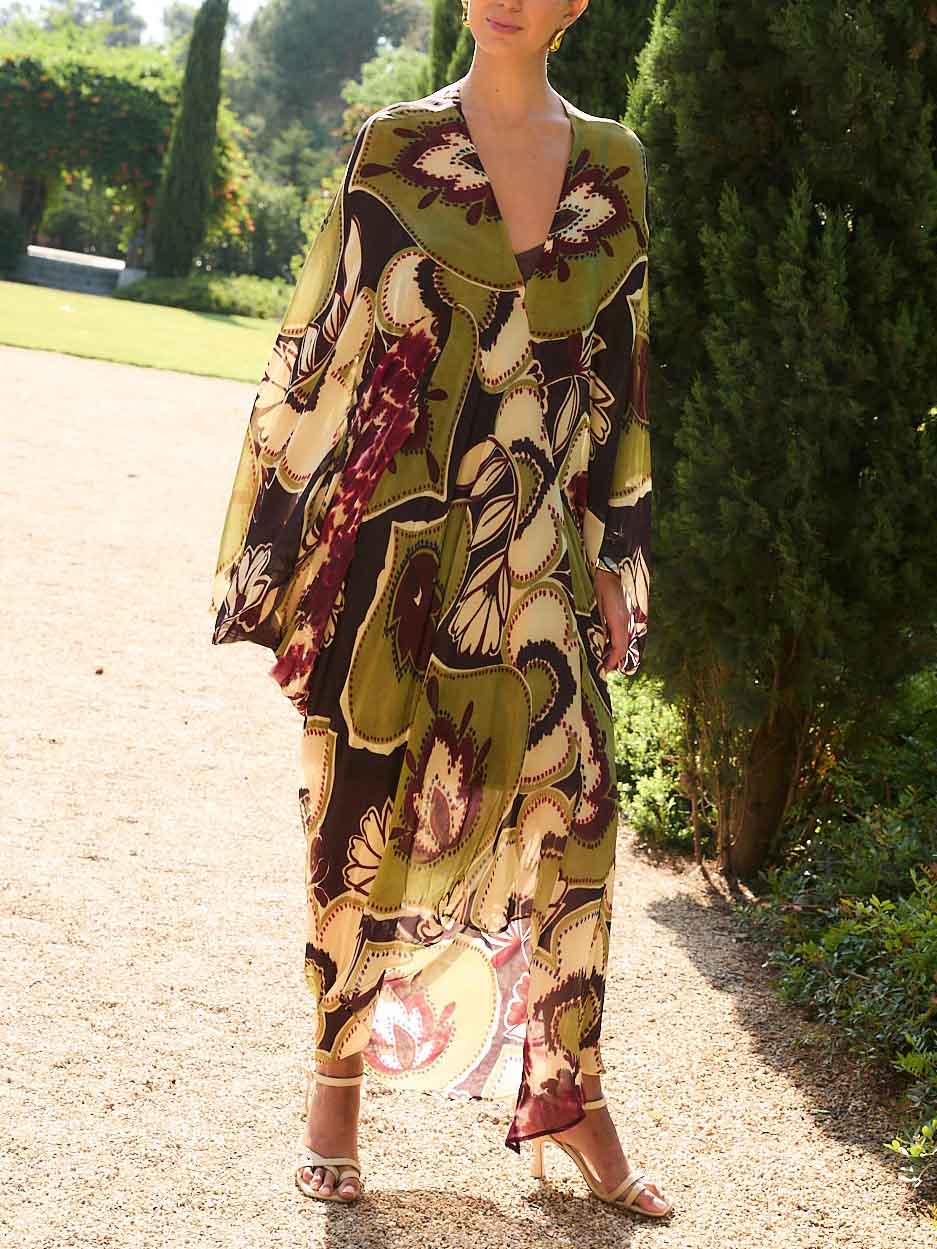 Retro Printed Flowing Bat Sleeve Maxi Dress