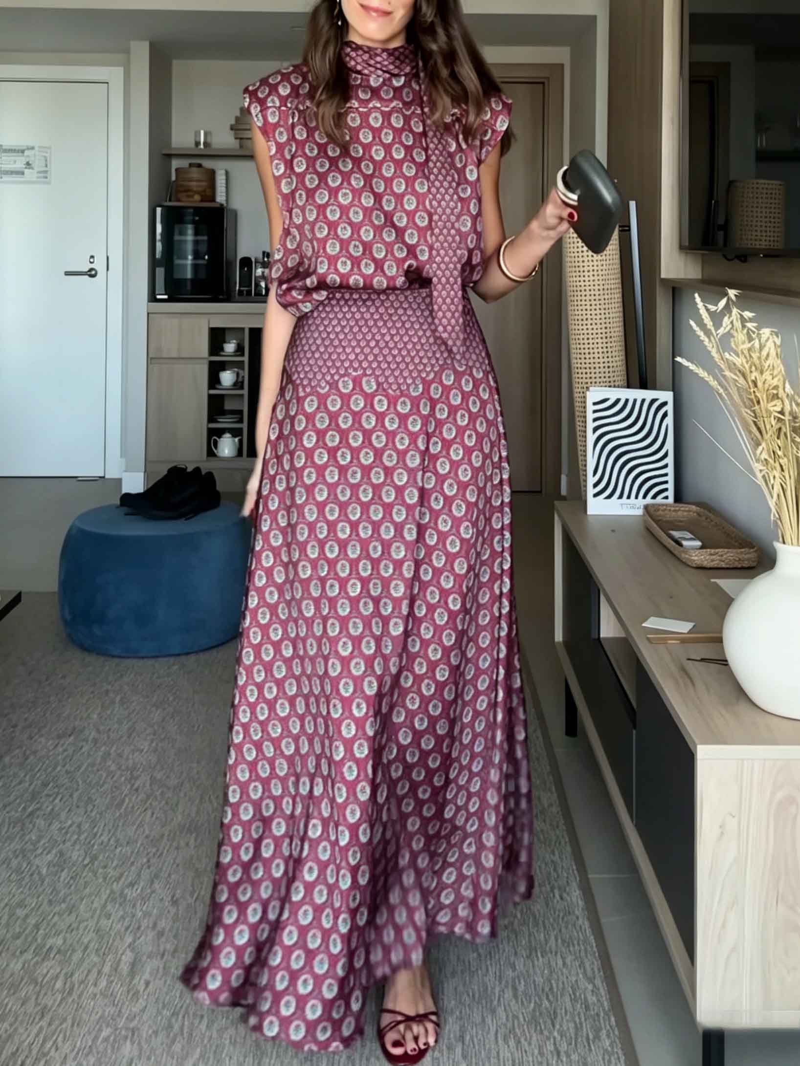 Retro Print Scarf Neck Top & Flowing Maxi Skirt Two-Piece Set