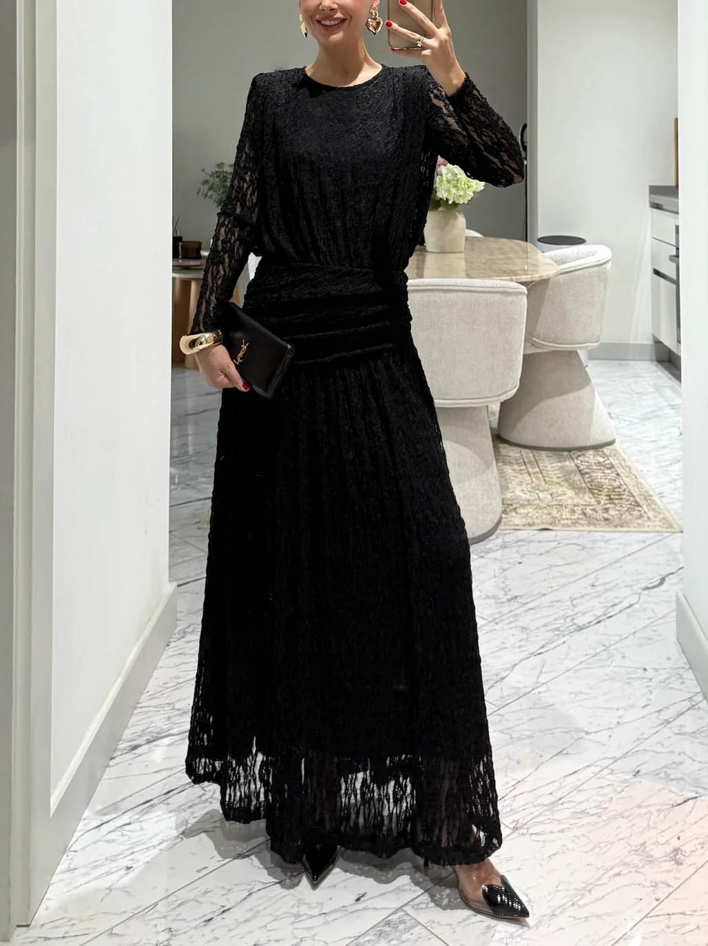 Elegant Long-Sleeve Lace-Textured Maxi Dress
