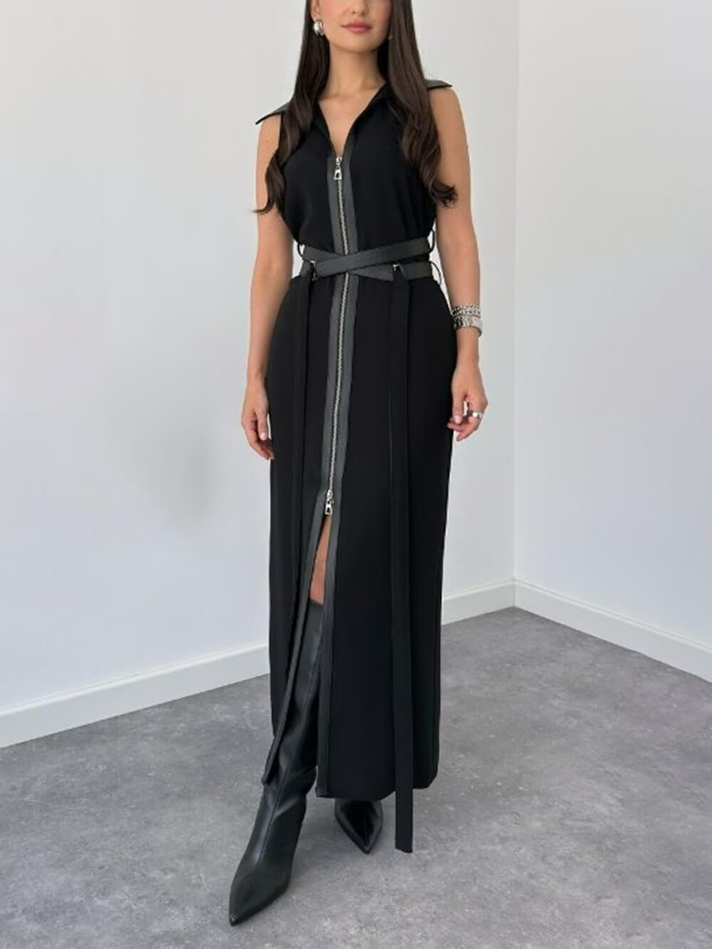 Retro Fashion Black Lace-up Zipper Maxi Dress