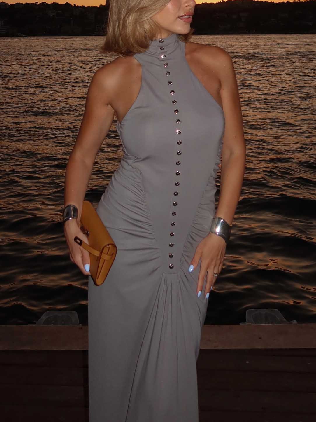 Elegant Multi-button Draped Fitted Maxi Dress