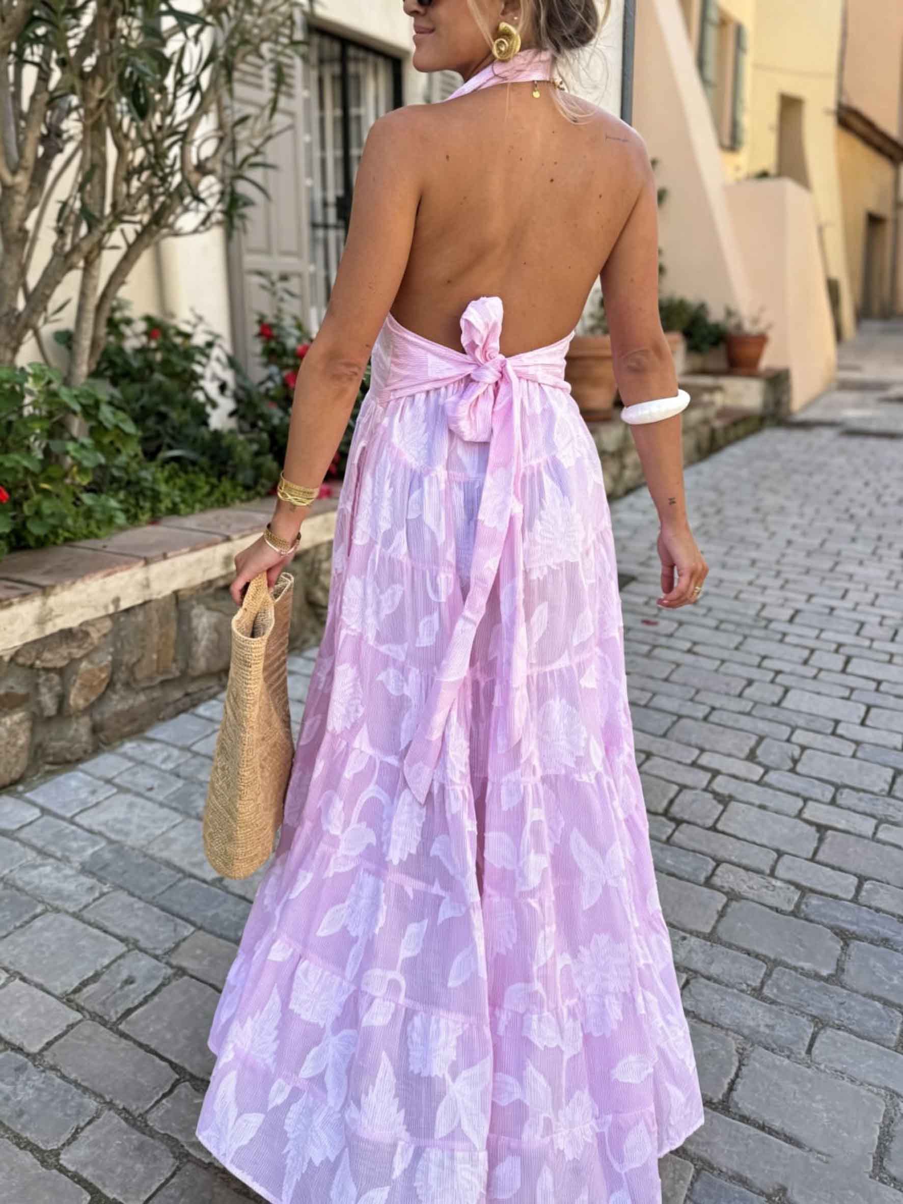 Exquisite Striped Floral Jacquard Backless Layered Maxi Dress