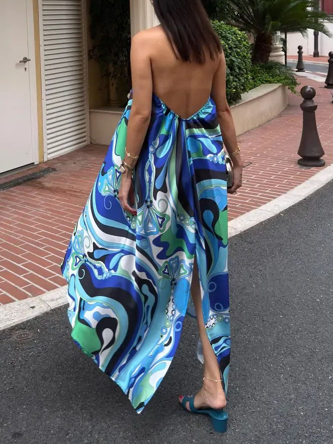 Elegant Halterneck Abstract Floral Print Midi Dress