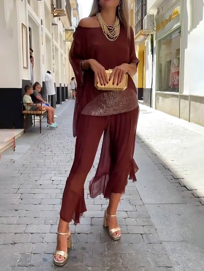 Elegant See-through Sequined Wide-leg Chiffon Pants