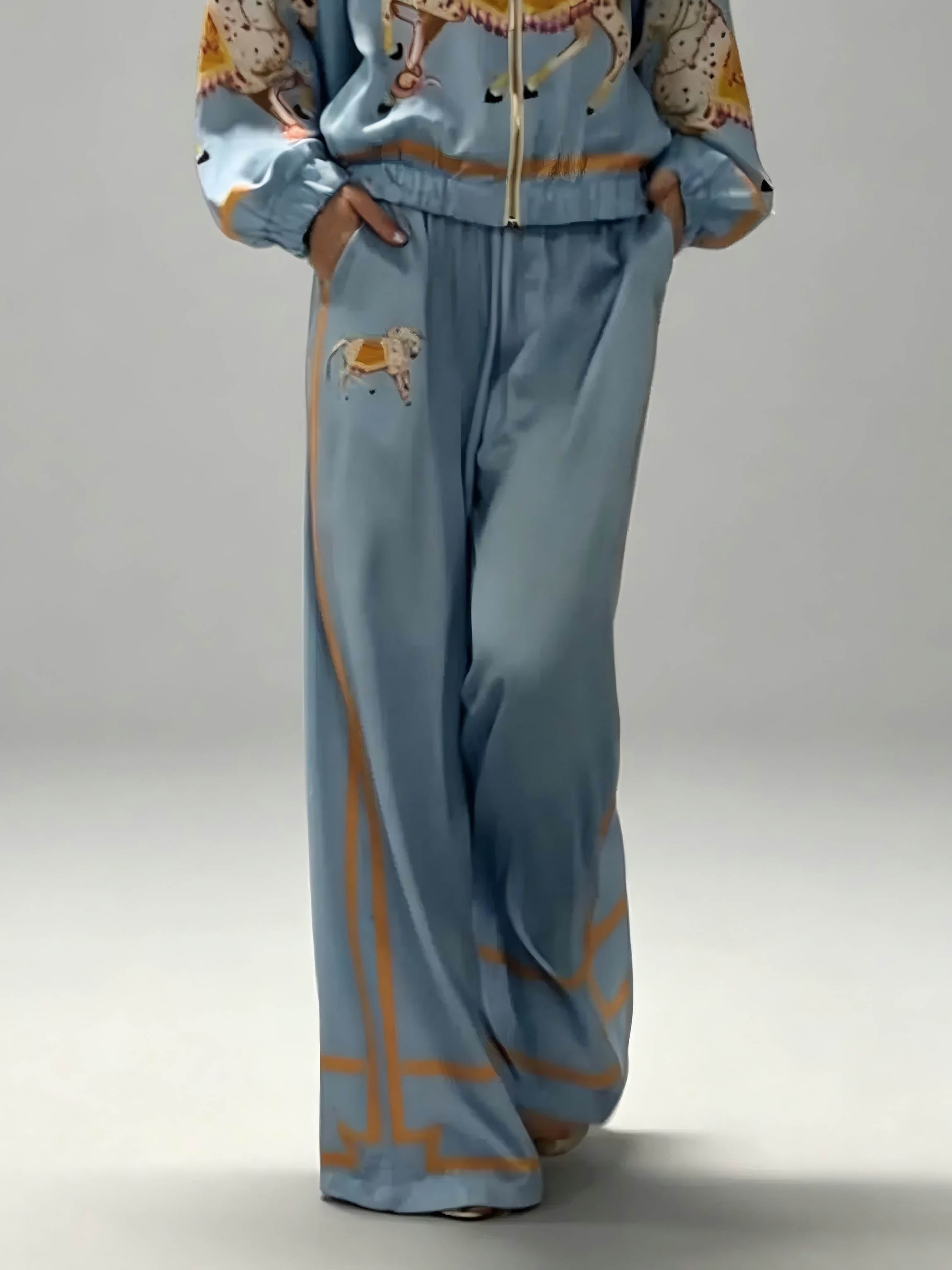 Exquisite Satin Horse Print Zip-Up Shirt