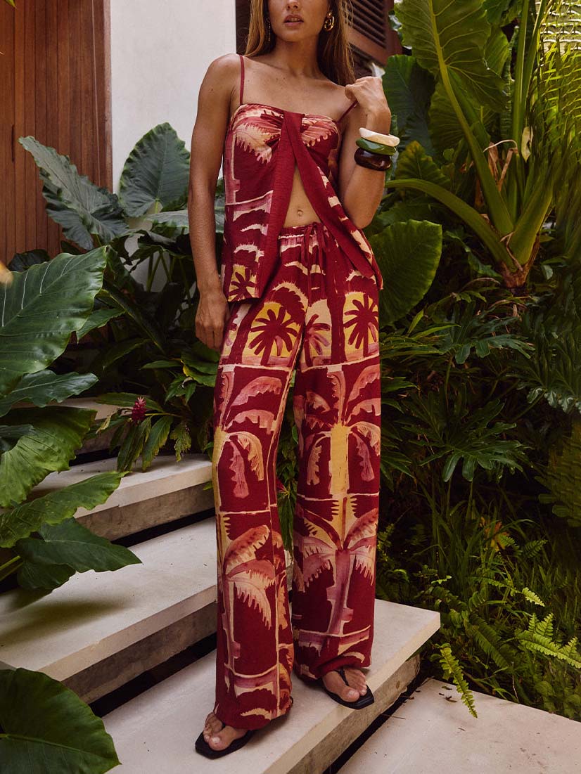 Retro Tropical Coconut Tree Print Tank Top