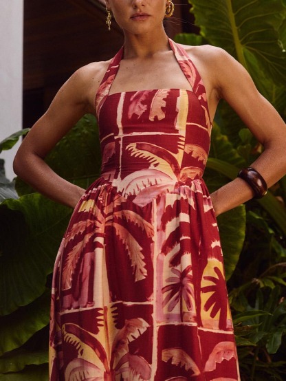 Retro Tropical Coconut Tree Print Maxi Dress