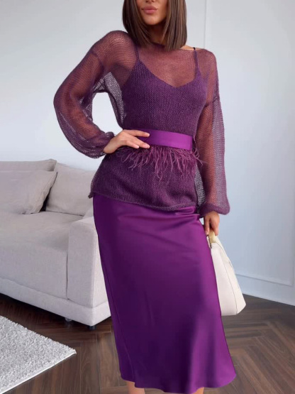 Elegant Openwork Knit Top And Satin Dress Two-piece Set