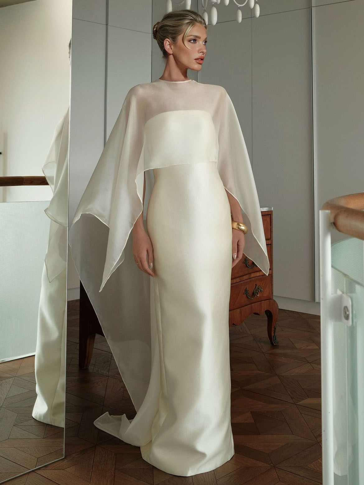 Elegant Sheer Cape Overlay Satin Maxi Dress