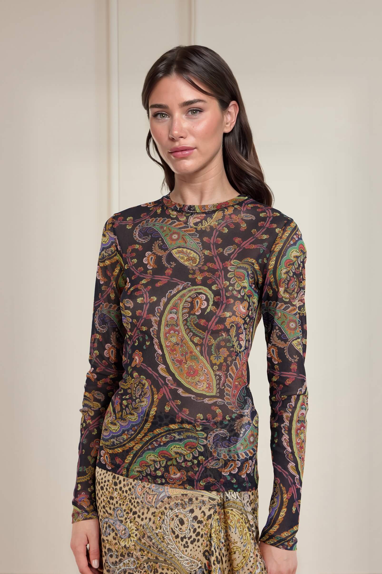 Exquisite Paisley Print Mesh Top