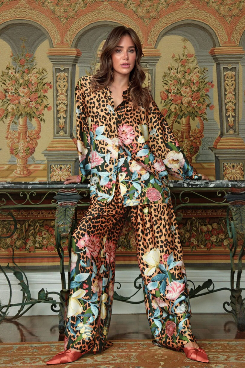 Unique Leopard & Floral Print Loose Button-Up Shirt