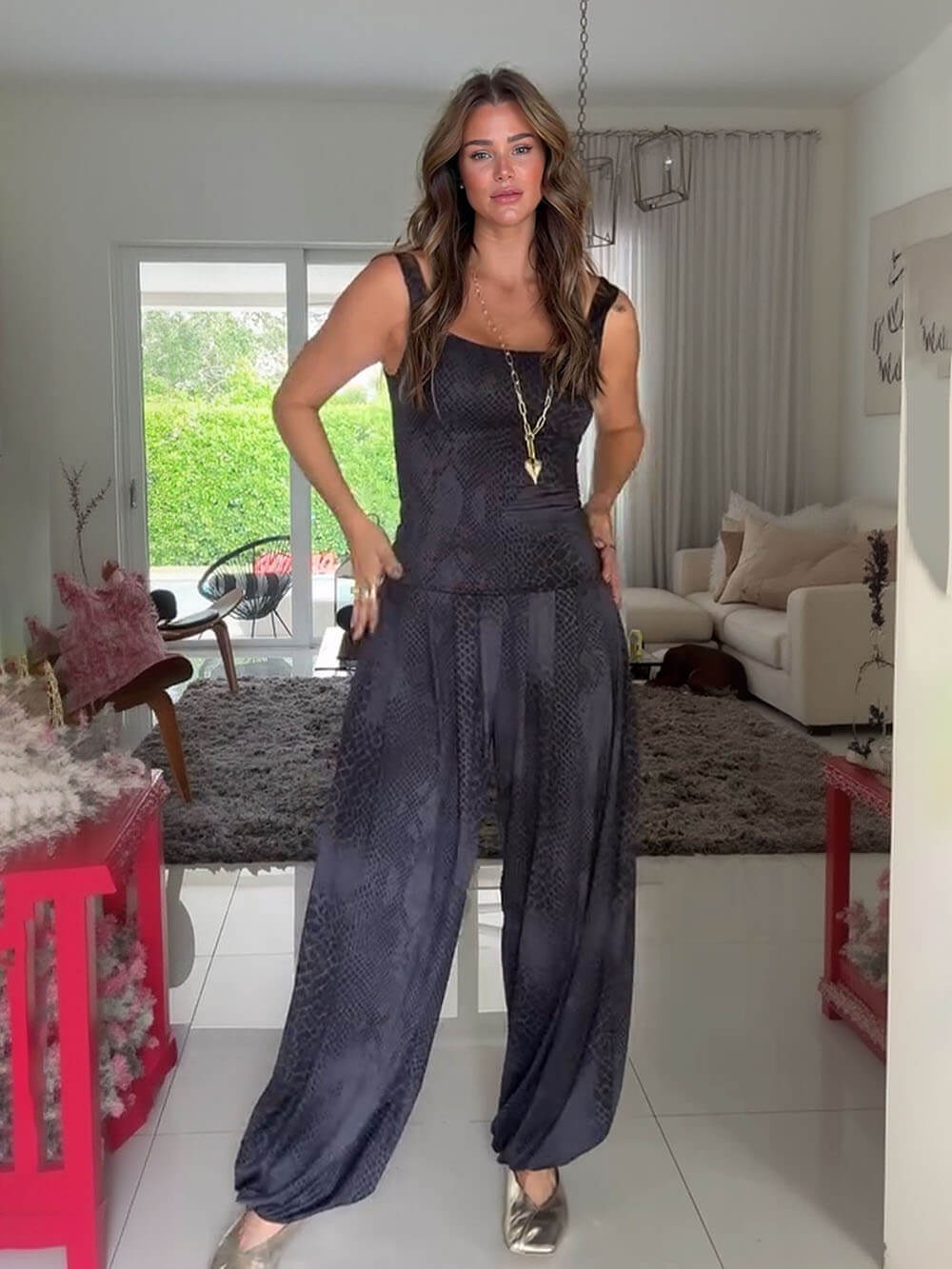 Casual Black Printed Spaghetti Strap Jumpsuit