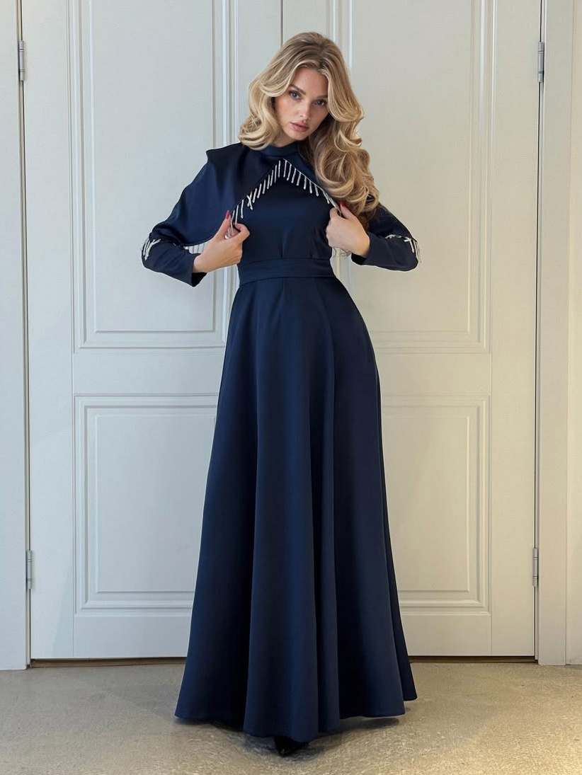 Elegant Satin Cape-Detail Long-Sleeve Maxi Dress