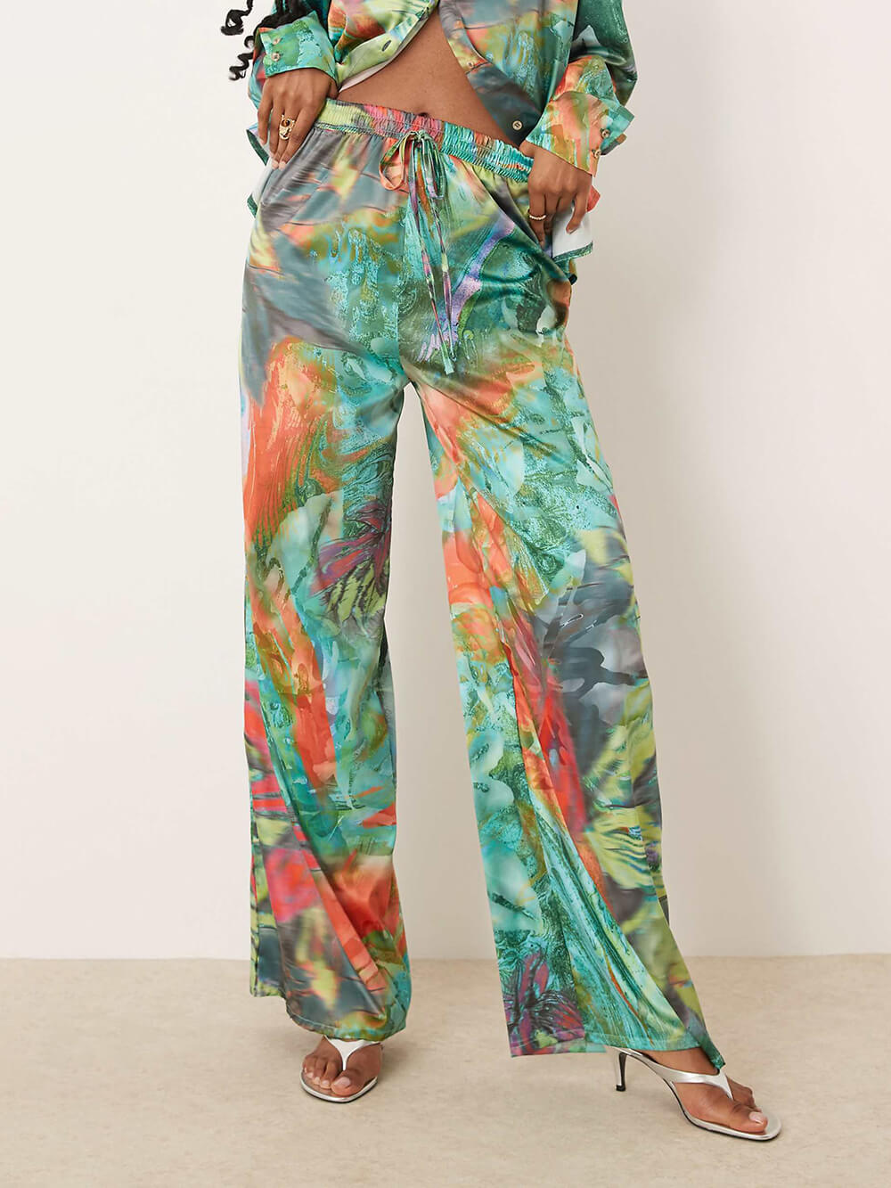 Unique Satin Oil Painting Print Elastic Waist Loose Wide-Leg Pants