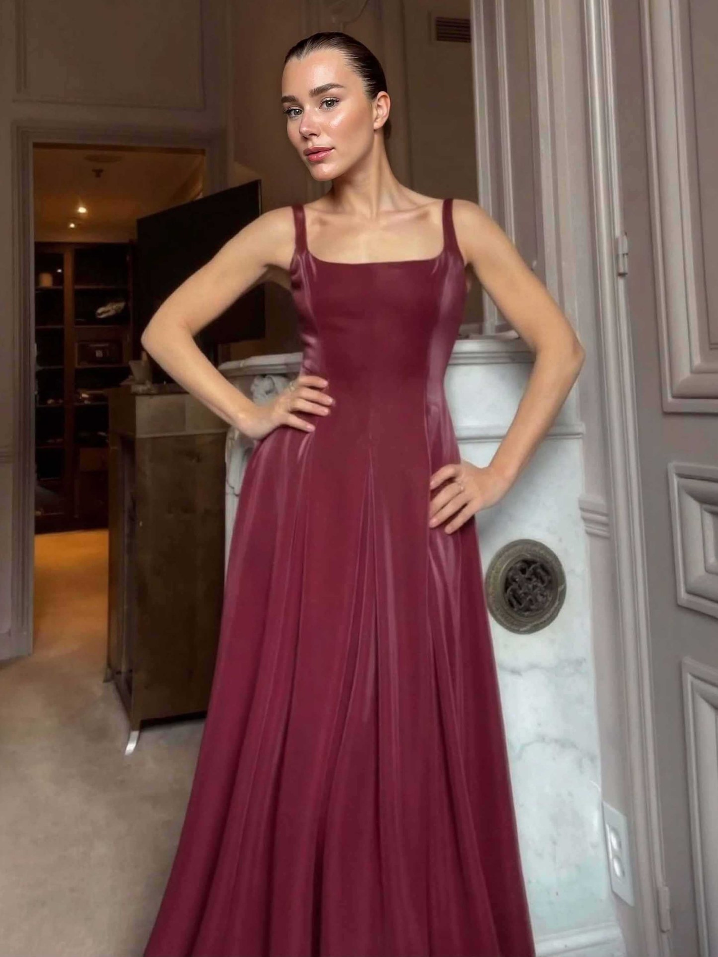 Elegant Square Neckline Pleated A-line Maxi Dress