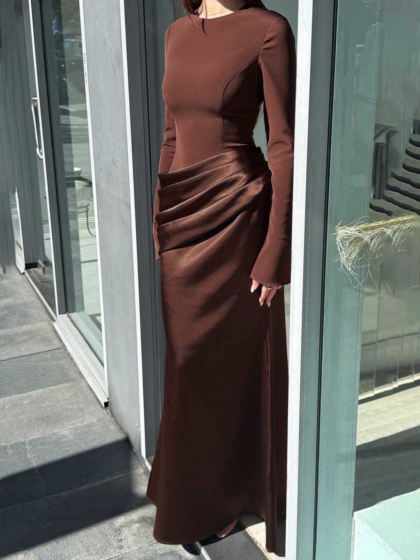Elegant Long-Sleeved Draped Satin Maxi Dress