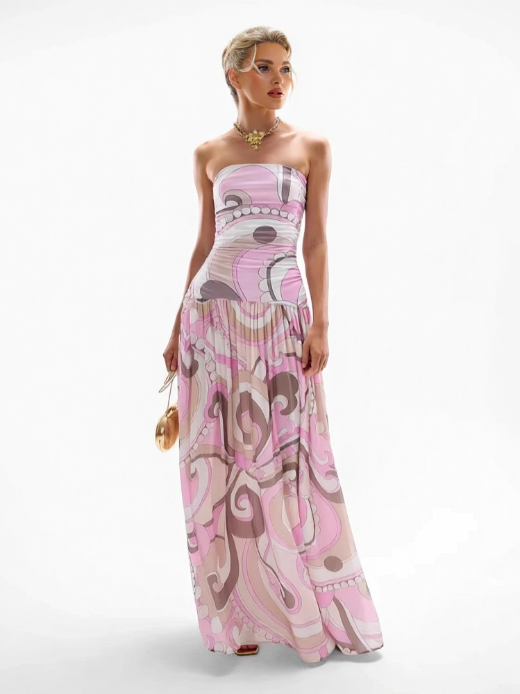 Elegant Swirl Vintage Print Drop Waist Maxi Dress