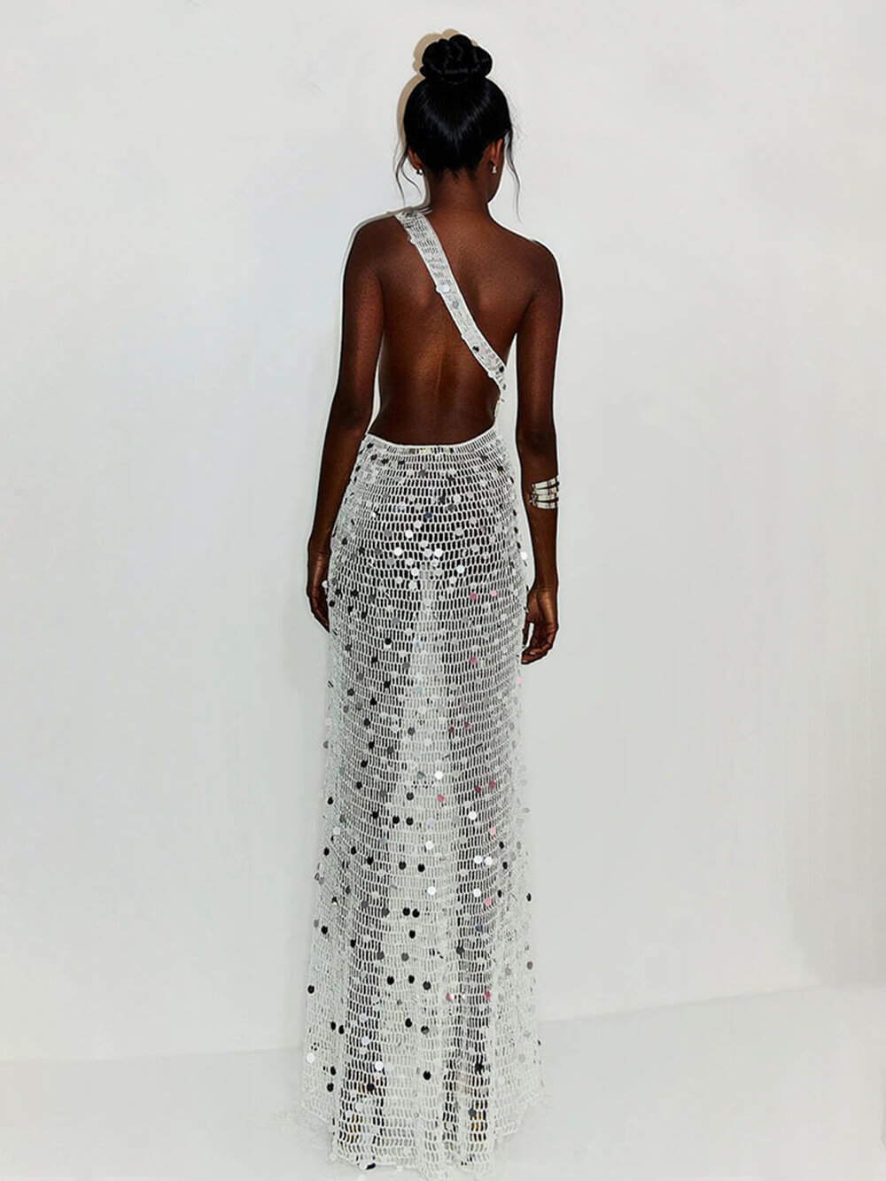 Sexy White Knit Cutout Sequin One-Shoulder Ring-Detail Slit Cover-Up Maxi Dress
