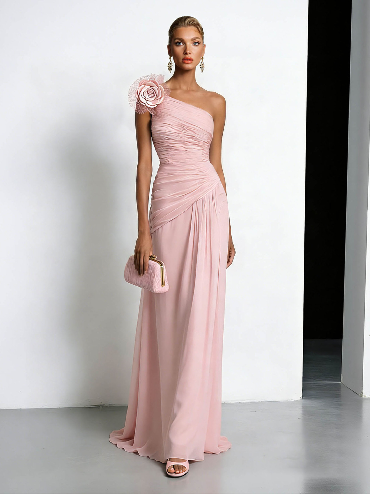 Elegant One-shoulder Ruffled Chiffon Maxi Dress