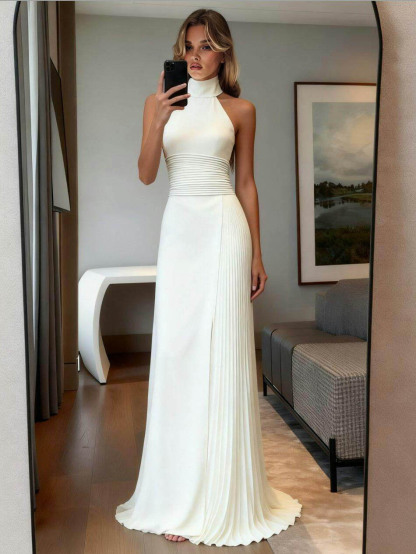 Elegant Halter Pleated Maxi Dress