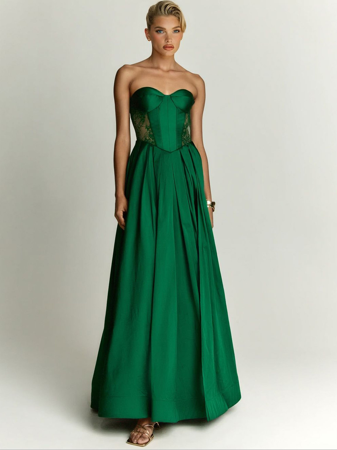 Elegant Strapless Lace-Panel Ball Gown Maxi Dress