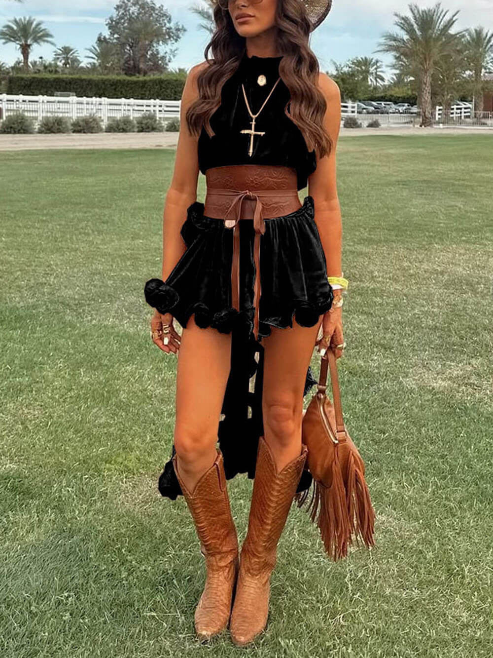 Delicate Romantic Drama Chiffon Wavy Ruffles Halter Irregular A-line Top