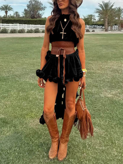 Exquisite Chiffon Ruffle Backless Asymmetric Top & Elastic Waist Relaxed Shorts Set